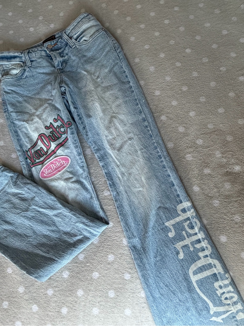 Von Dutch Light Blue Denim Jeans with Orange Logo Patch